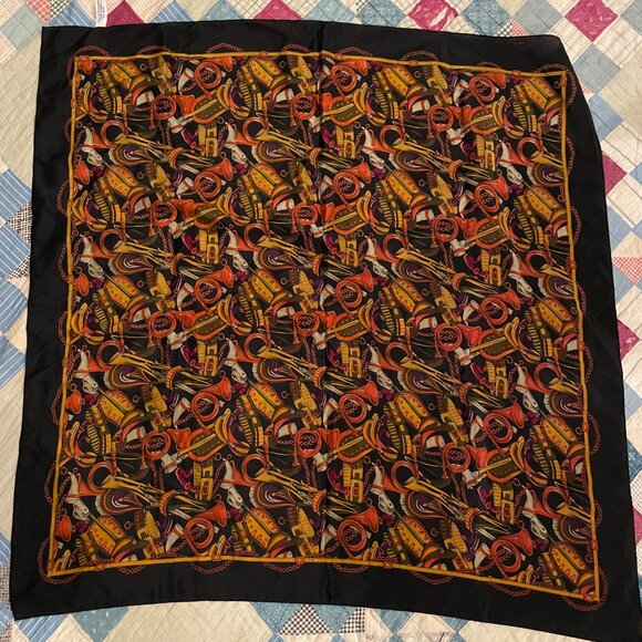 Vintage 80s Ann Taylor Silk Scarf Hand Rolled Equestrian Theme Horns Preppy - Picture 6 of 13